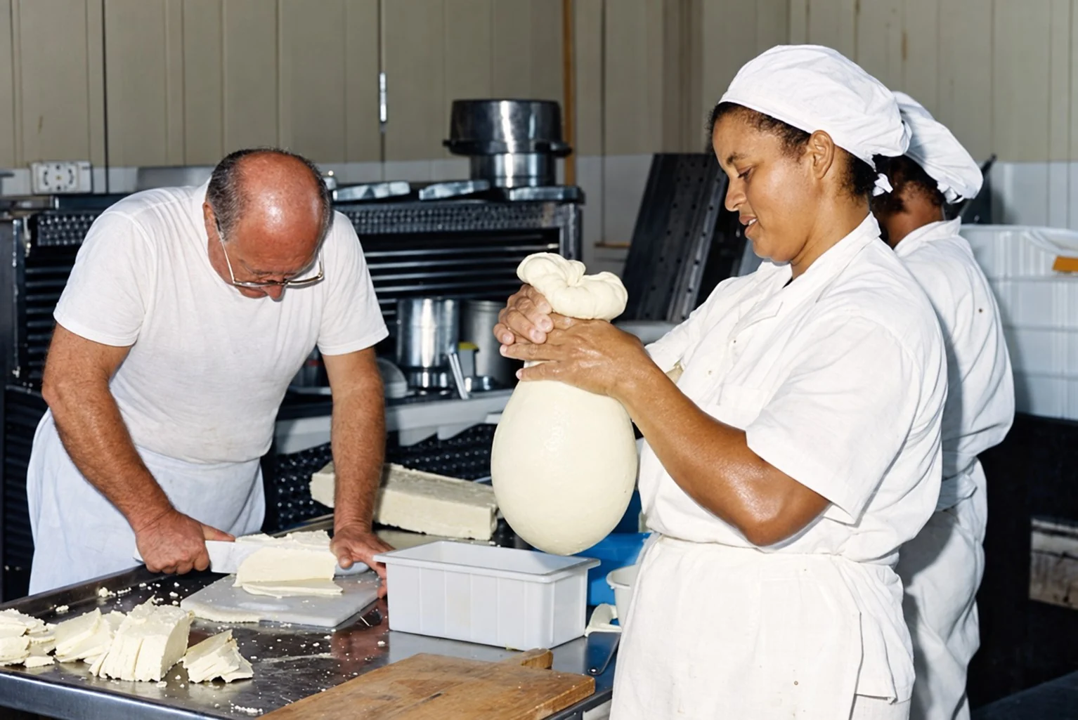 Sr. Nazário e D. Neuza produzindo queijo no laticínio em 1991