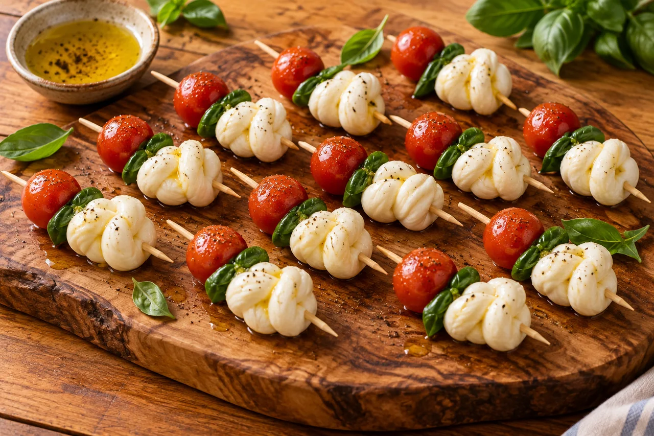 Espetinhos caprese com queijo nozinho