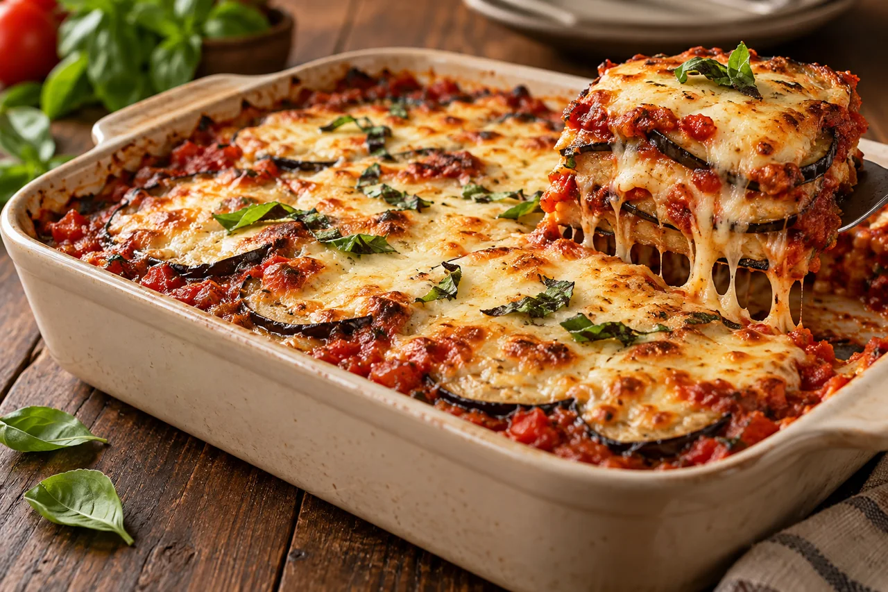 Lasanha de berinjela com mussarela gratinada