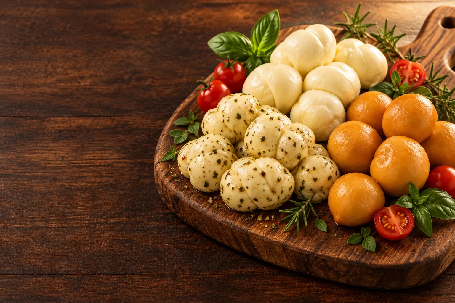 Tábua artesanal de queijos Santa Heleine servidos com tomates e ervas em Dourados - MS